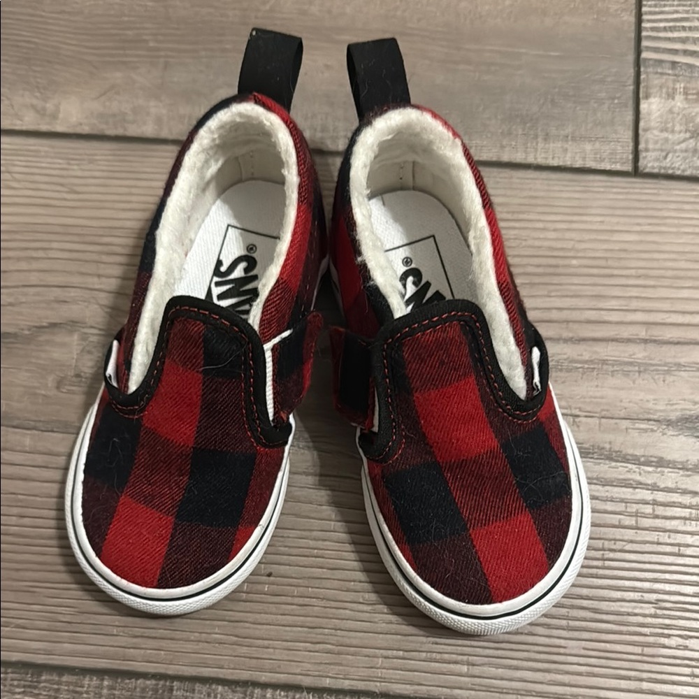 Vans Baby/toddler Red and Black Plaid Slipons